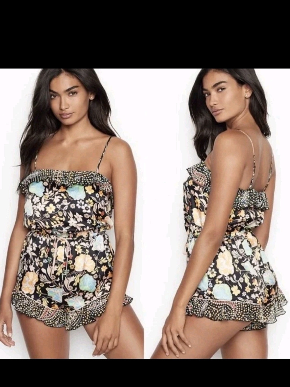 VICTORIA’S SECRET Floral Satin Flounce Romper Adjustable Xl